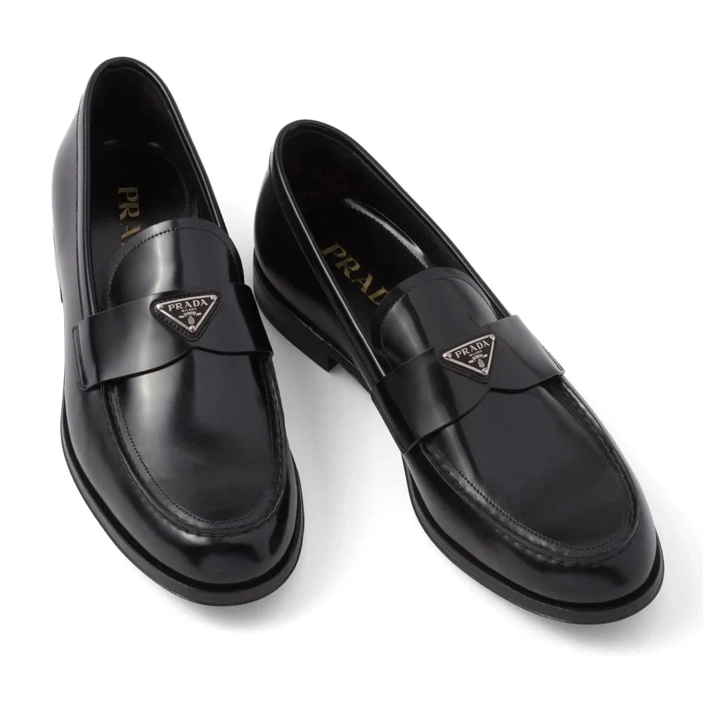 Prada Black Brushed Leather Triangle Logo Classic Loafer SlipOn Flat UK 12 US 13 - Picture 7 of 16